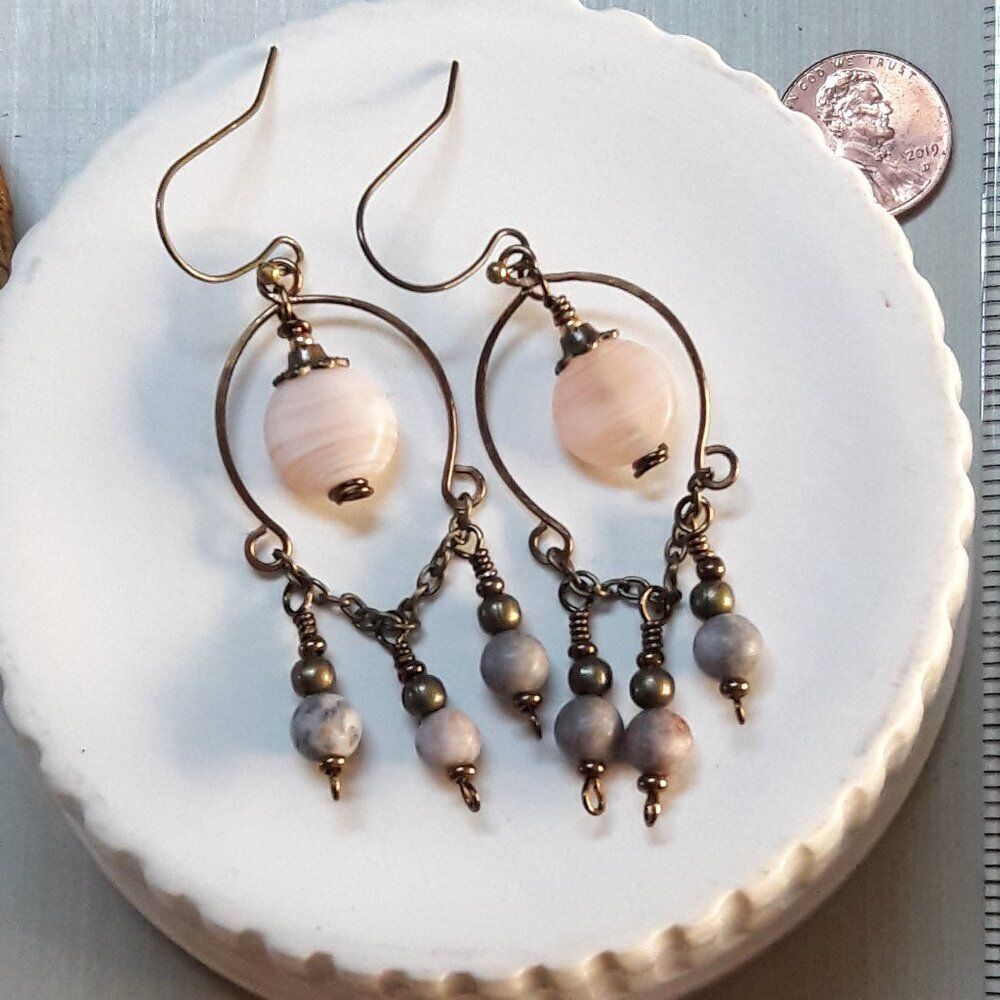 Gemstone Statement Gray Jasper Fringe French Hook earrings Beige earrings 426■
